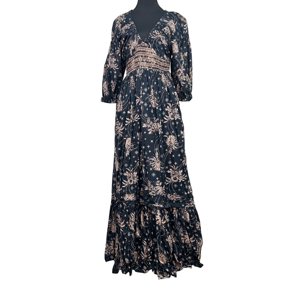 Free People XS Babydoll Milkmaid Maxi Dress Black Stretchy Floral Tiered Boho